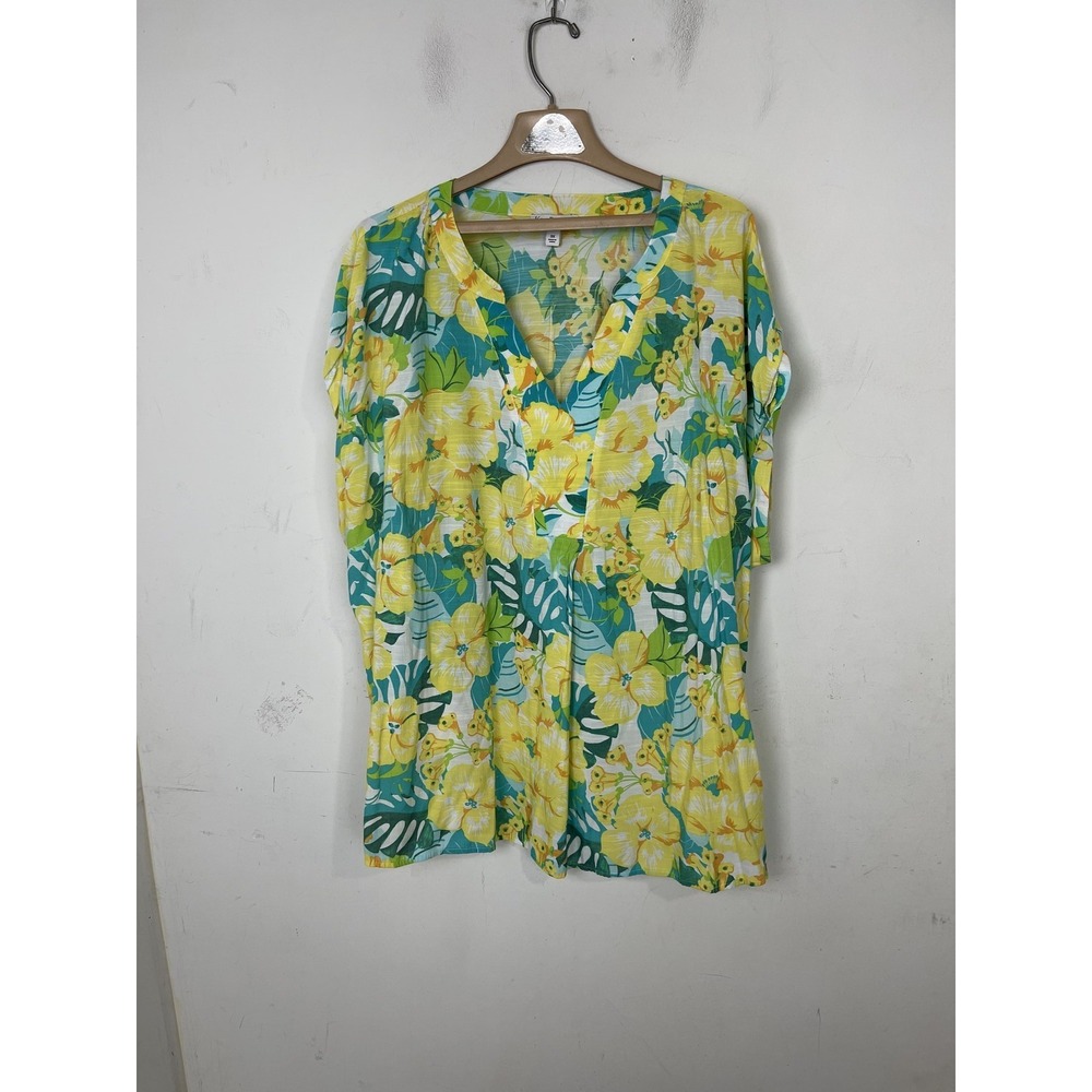Kim Rogers Curvy 3X Womens Tropical Floral Blouse Top Beachy Coastal Travel